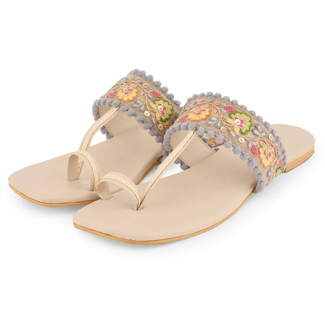 Multicolor Embroidered  Flat Open Toes