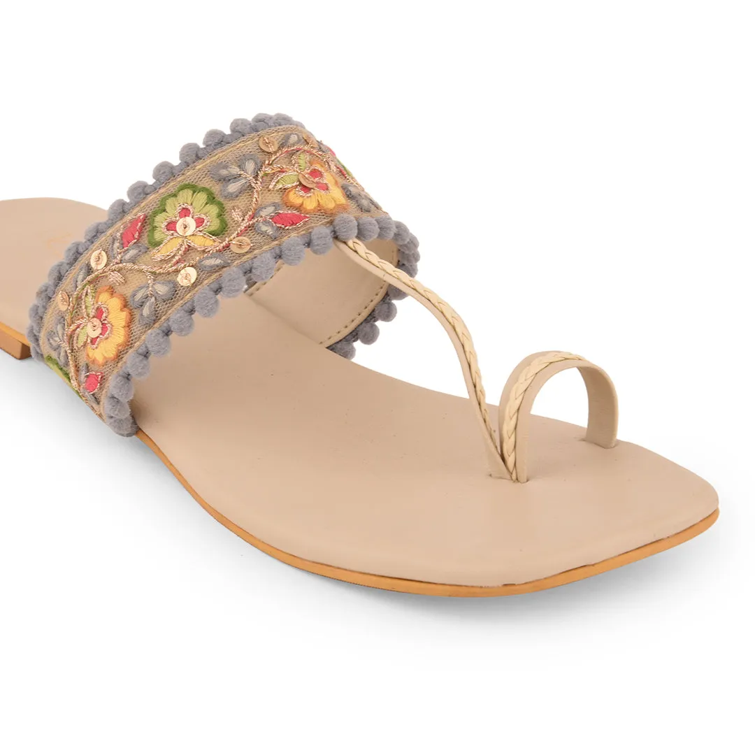 Multicolor Embroidered  Flat Open Toes