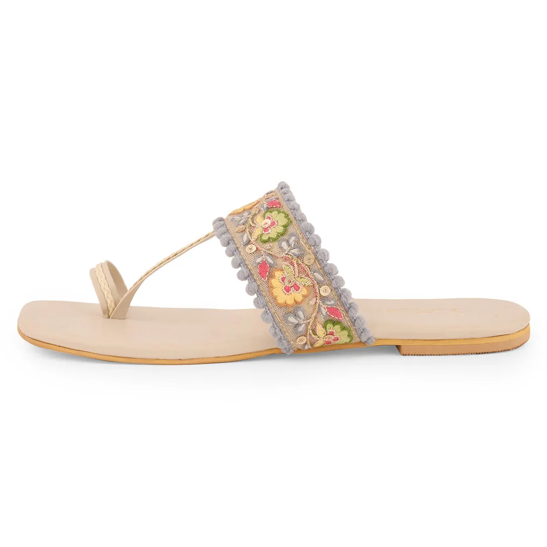 Multicolor Embroidered  Flat Open Toes