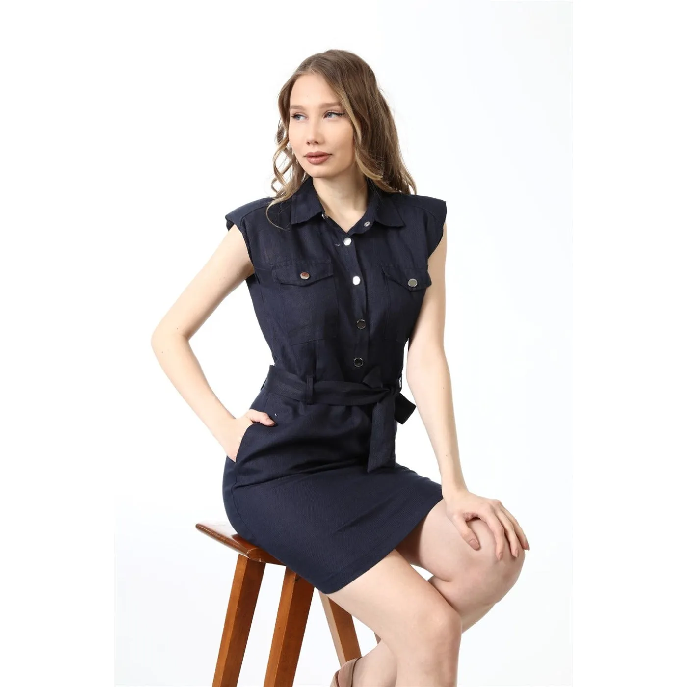 Navy Sports Dress with Paded Shoulders