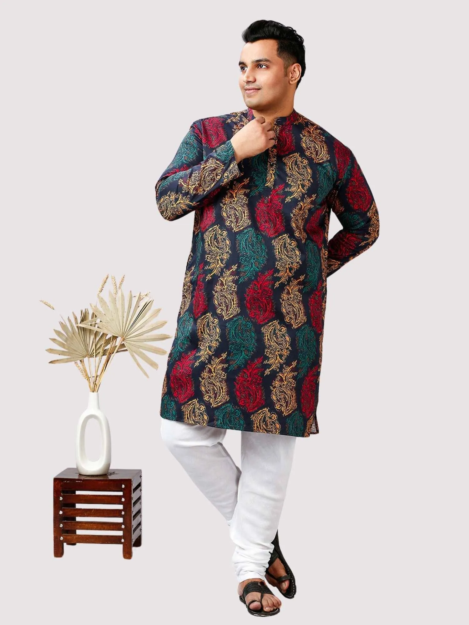 Nawab Printed Blue Red Kurta Men's Plus Size