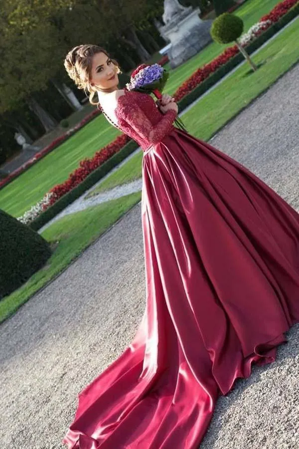 Off-the-Shouler Sweep Train Long Sleeves Burgundy Satin Prom Dress  PG441