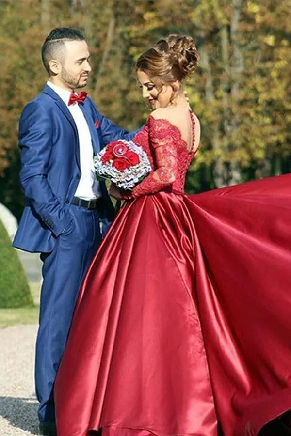 Off-the-Shouler Sweep Train Long Sleeves Burgundy Satin Prom Dress  PG441