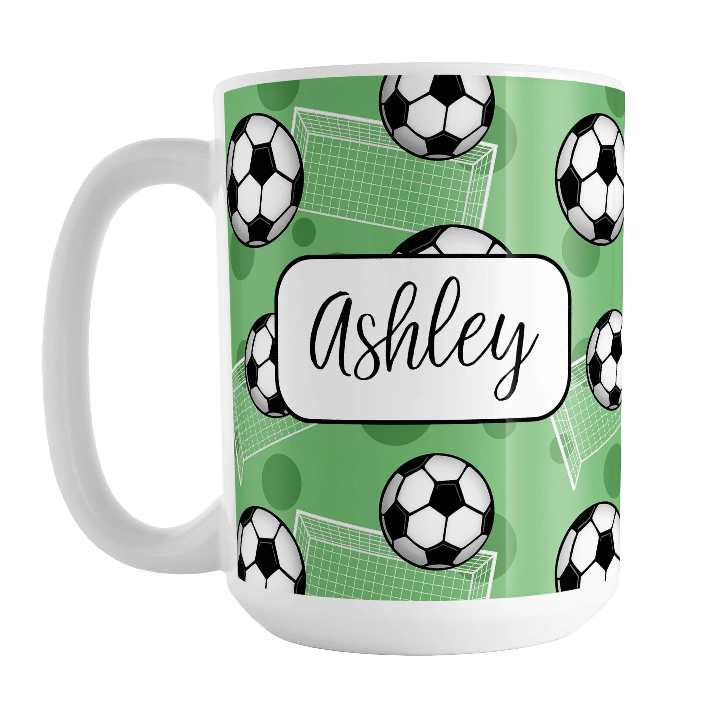 Personalized Green Soccer Ball and Goal Mug