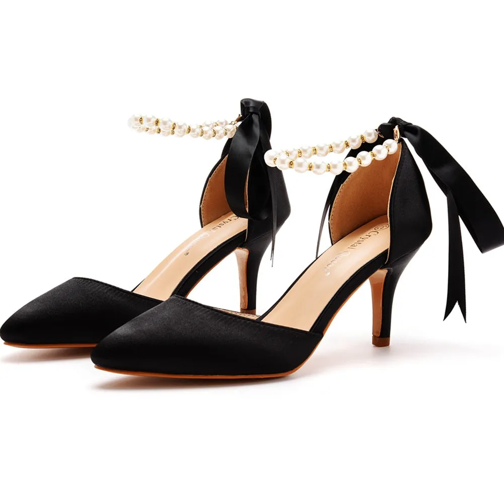 Pointed Toe Satin Pearl Ribbon Tie Ankle Strap High Heels