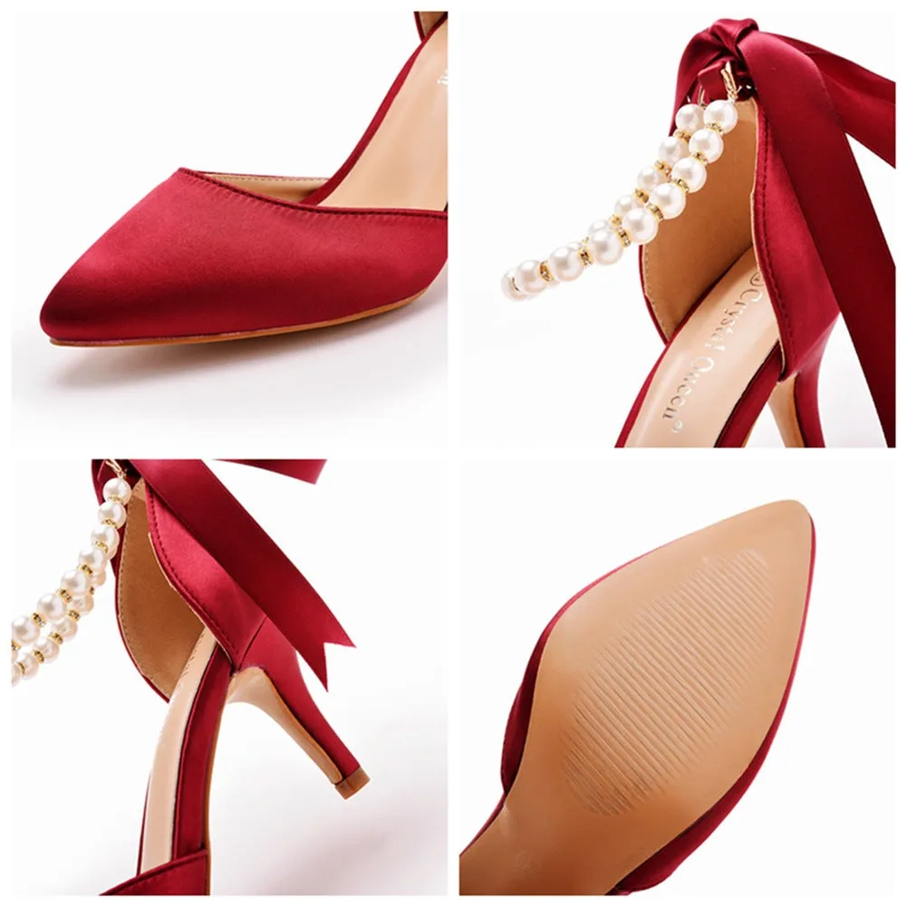 Pointed Toe Satin Pearl Ribbon Tie Ankle Strap High Heels