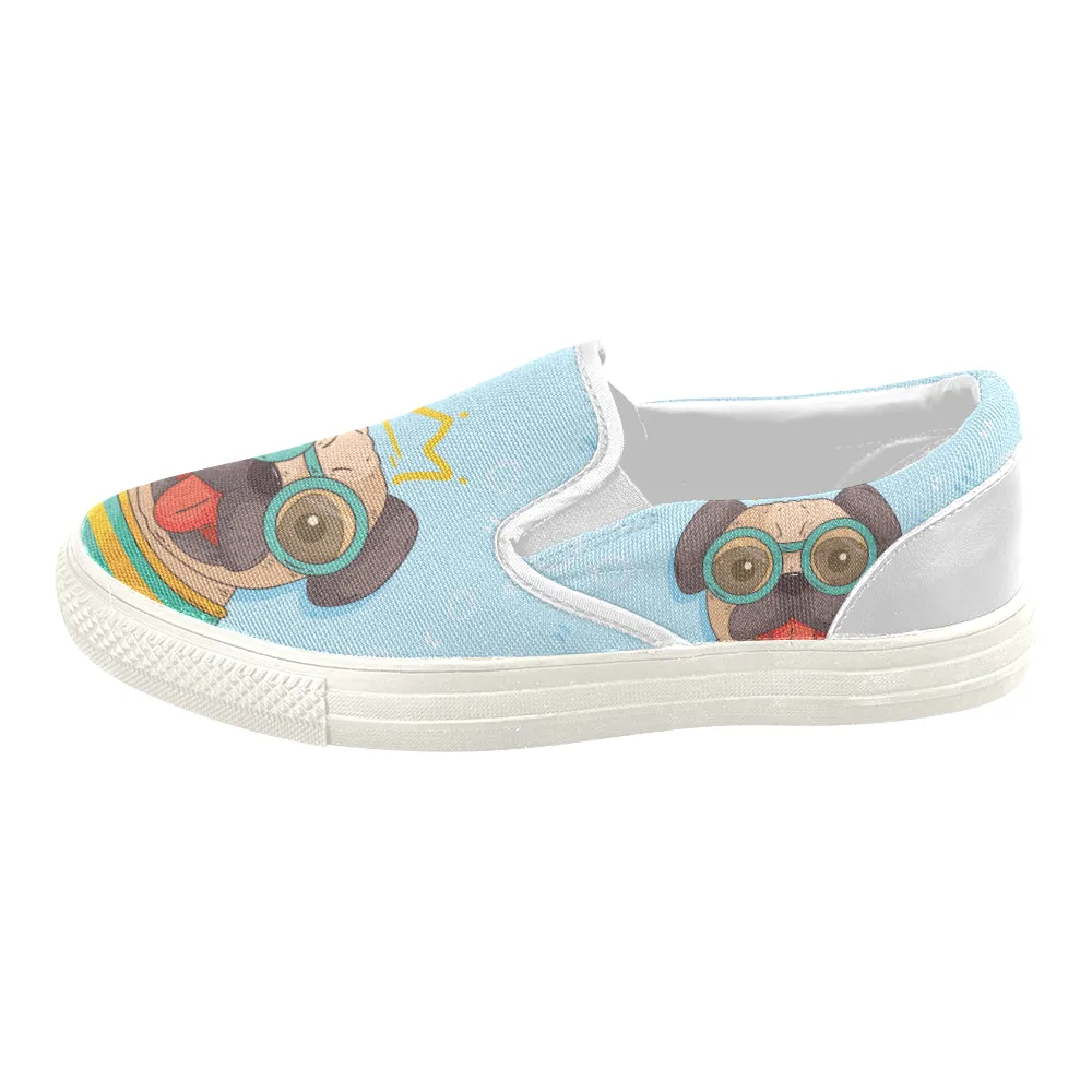 Pug with glass Women's Slip-on Canvas Shoes