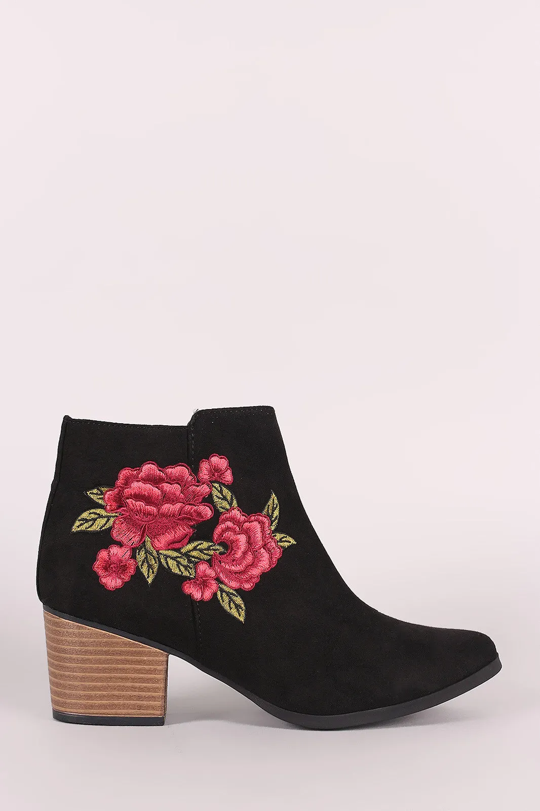 Qupid Suede Embroidery Floral Chunky Heeled Booties