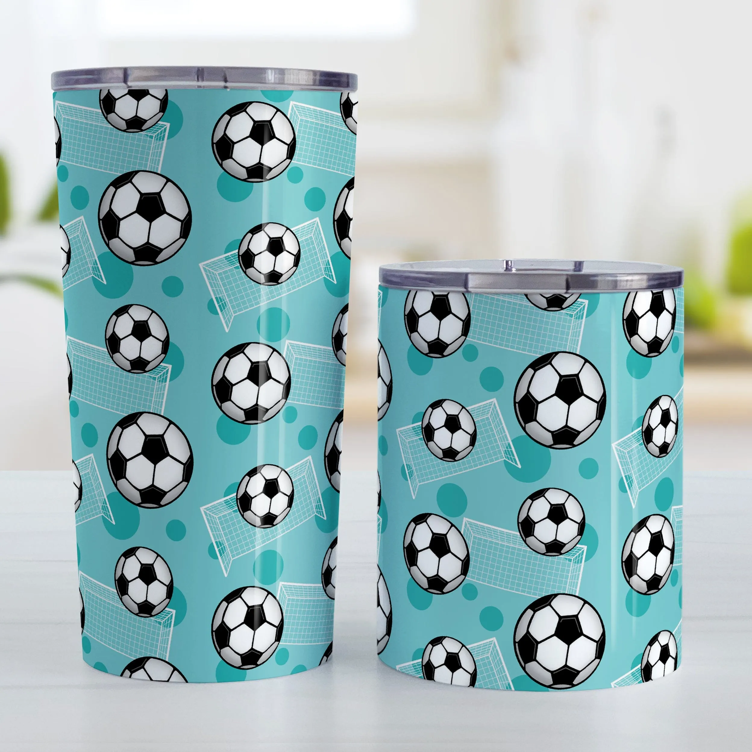 Soccer Ball and Goal Pattern Teal Tumbler Cup