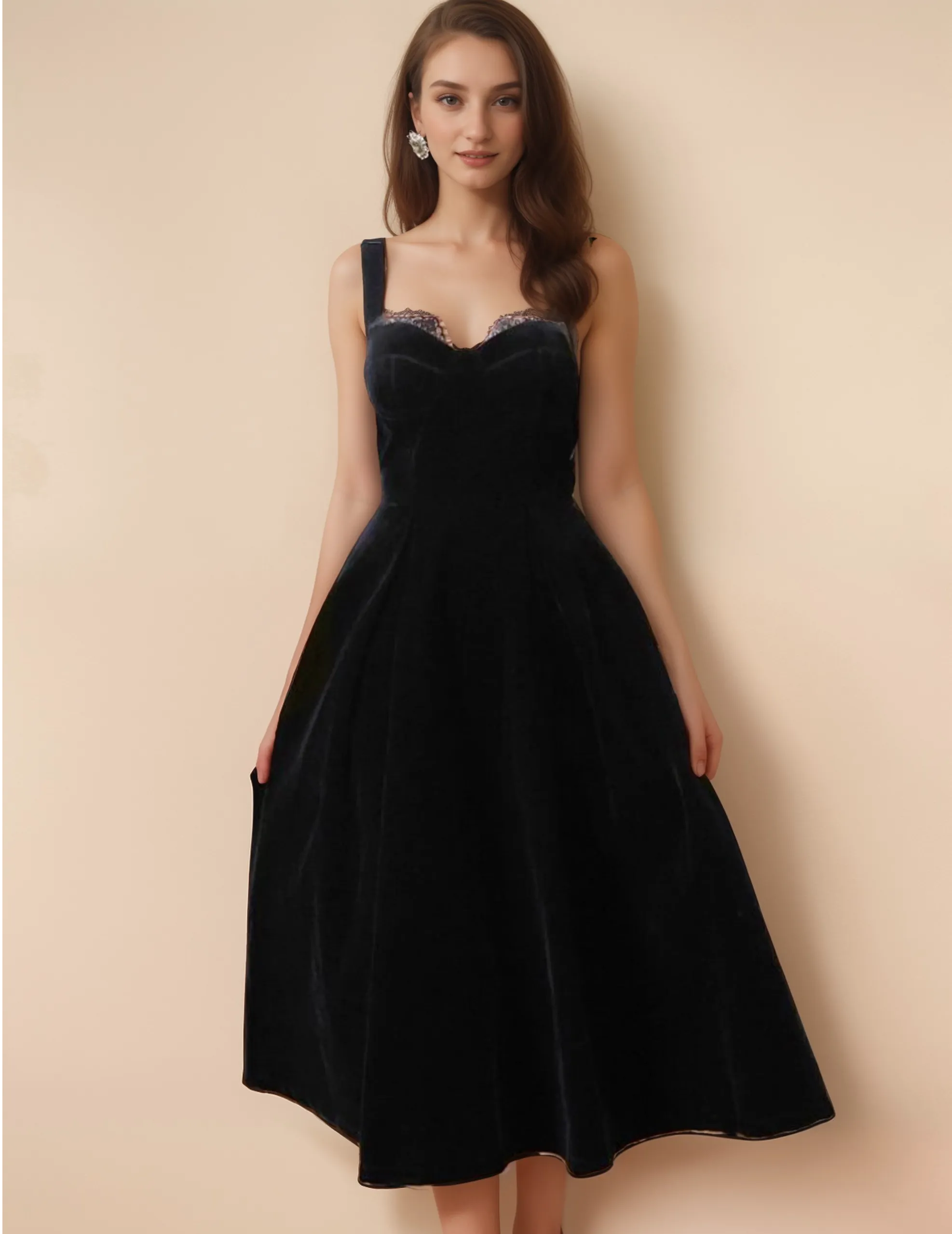 Spaghetti Straps Sweetheart Tea-Length Lace Ball Gown Velvet Dress