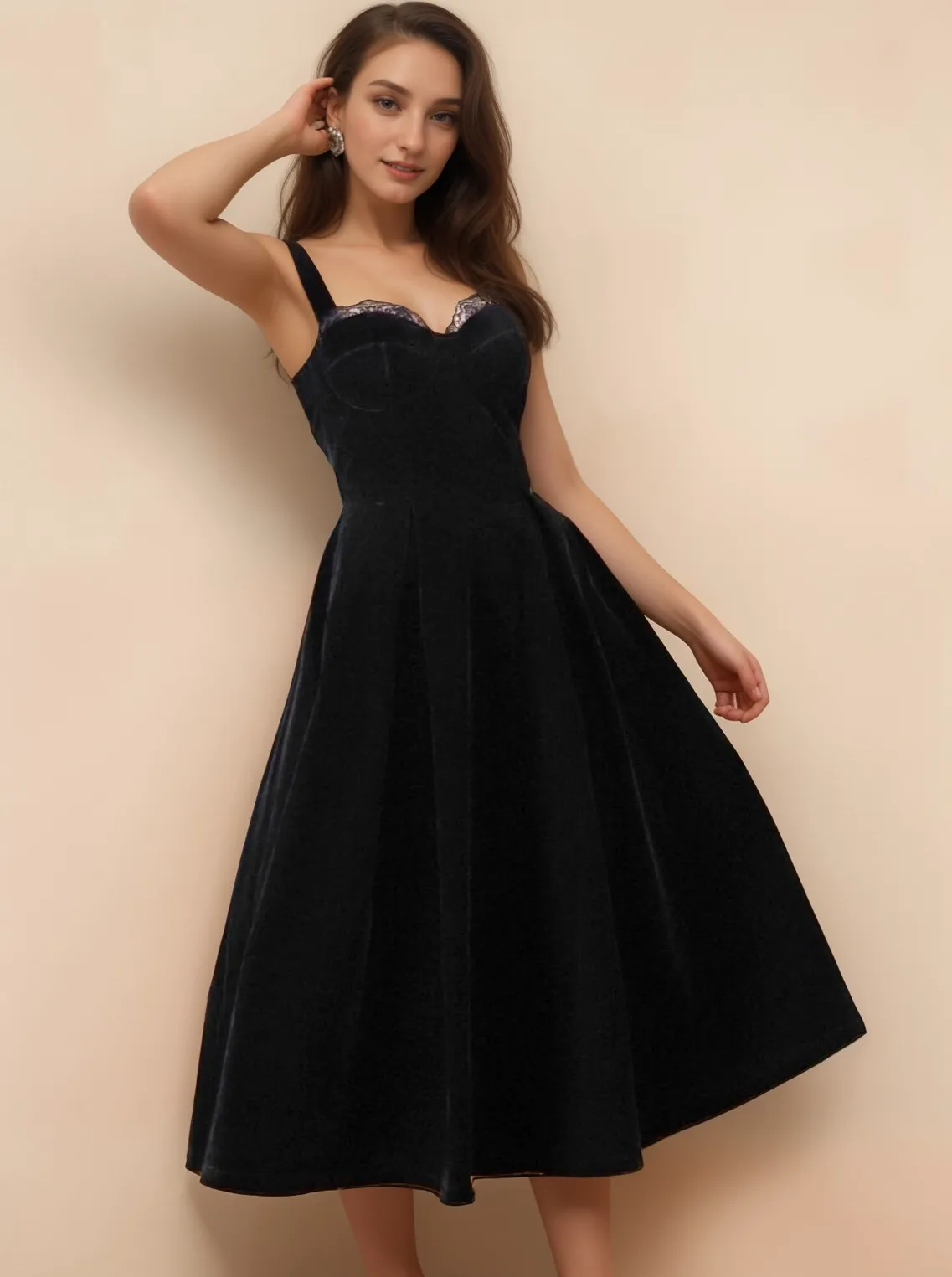 Spaghetti Straps Sweetheart Tea-Length Lace Ball Gown Velvet Dress