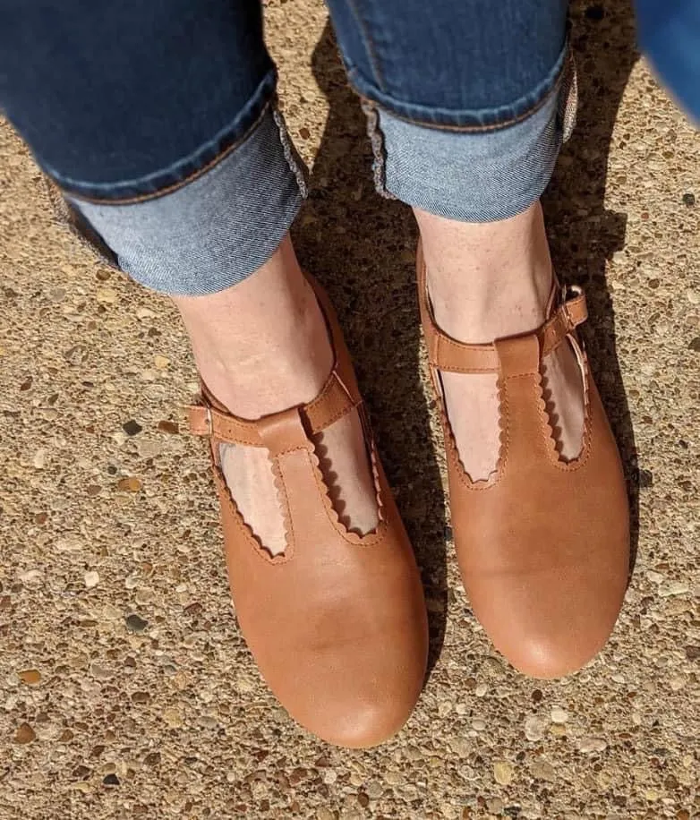 Spellbound Luxe Nubuck Nutmeg Leather Scalloped TStrap Flat