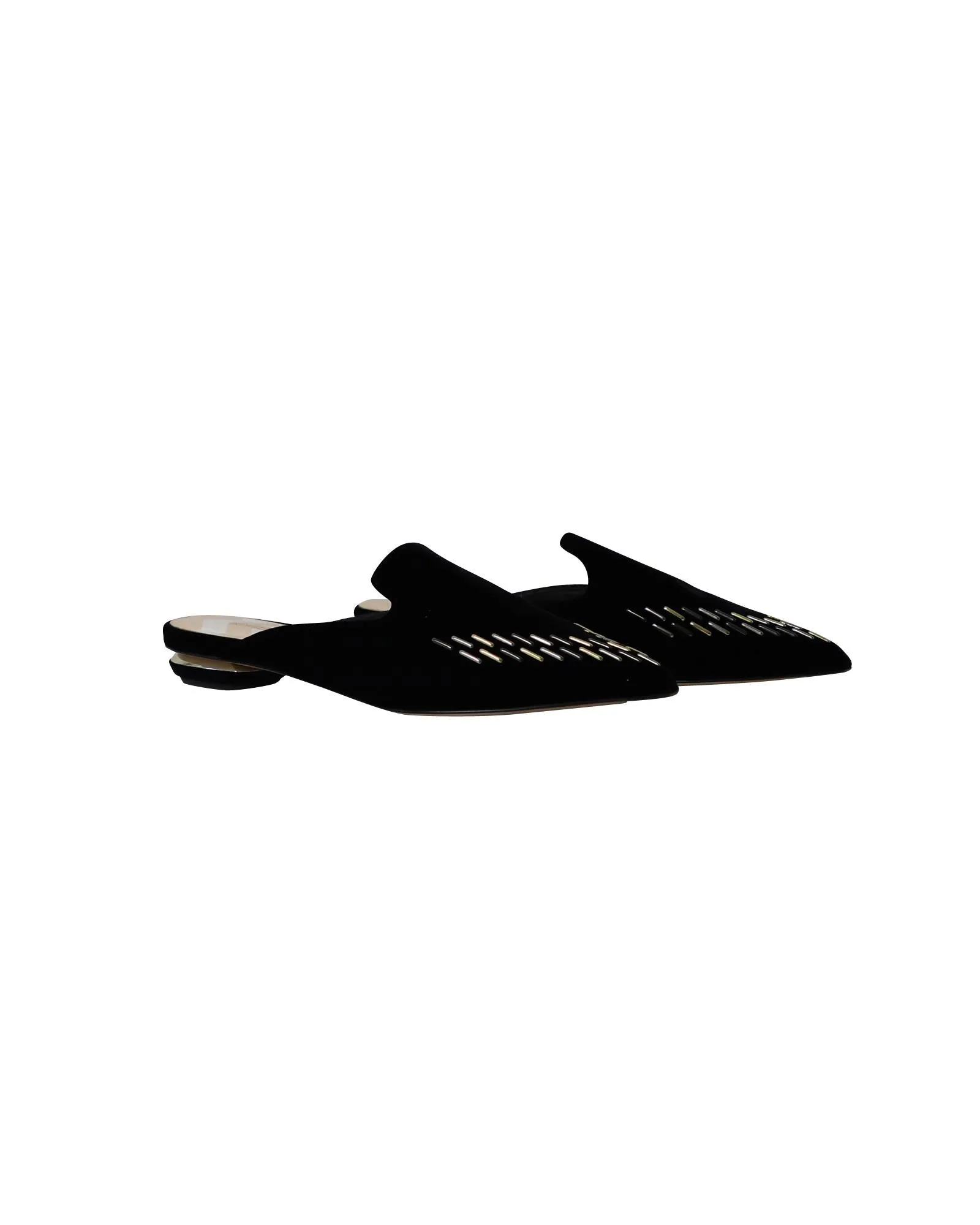 Timeless Black Velvet Flat Mules with Metal Appliques.