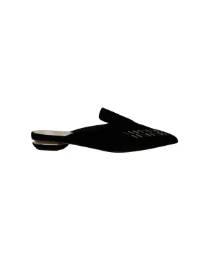 Timeless Black Velvet Flat Mules with Metal Appliques.