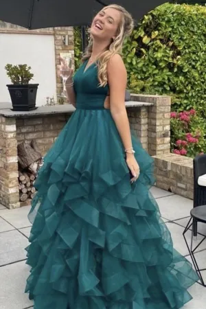 V Neck Backless Fluffy Green Long Prom Dress, Backless Green Formal Evening Dress, Green Ball Gown