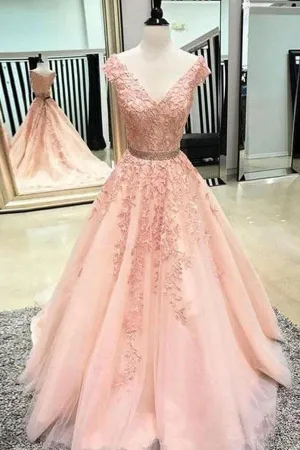 V Neck Cap Sleeves Lace A-line Long Prom Dresses Formal Dresses PG868