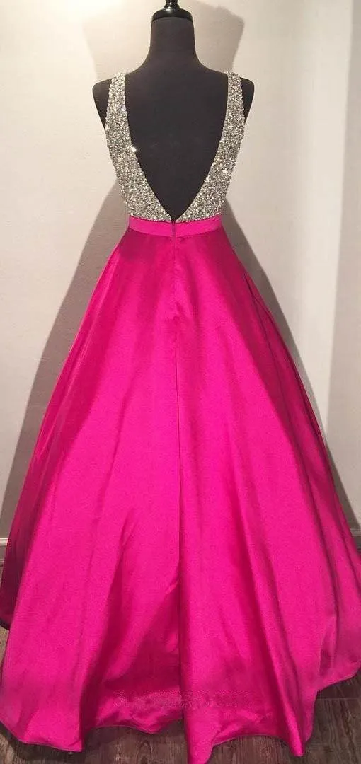 V-neck Floor-length Ball Gown Hot Pink Satin Prom Dress With Beading PG379