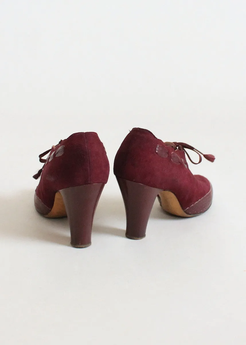 Vintage 1930s Burgundy Suede and Leather Lace Up Shoes