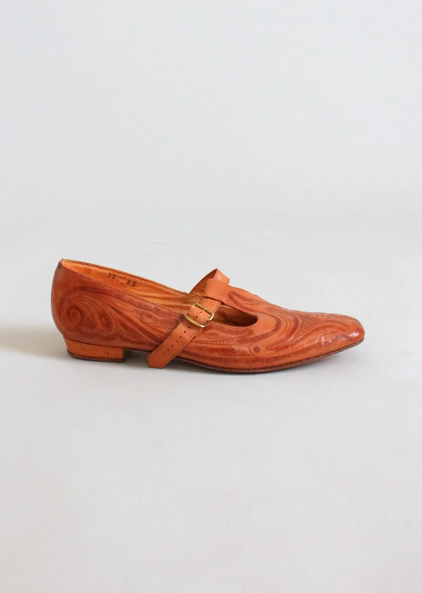 Vintage 1950s Tooled Leather Mary Jane Shoes