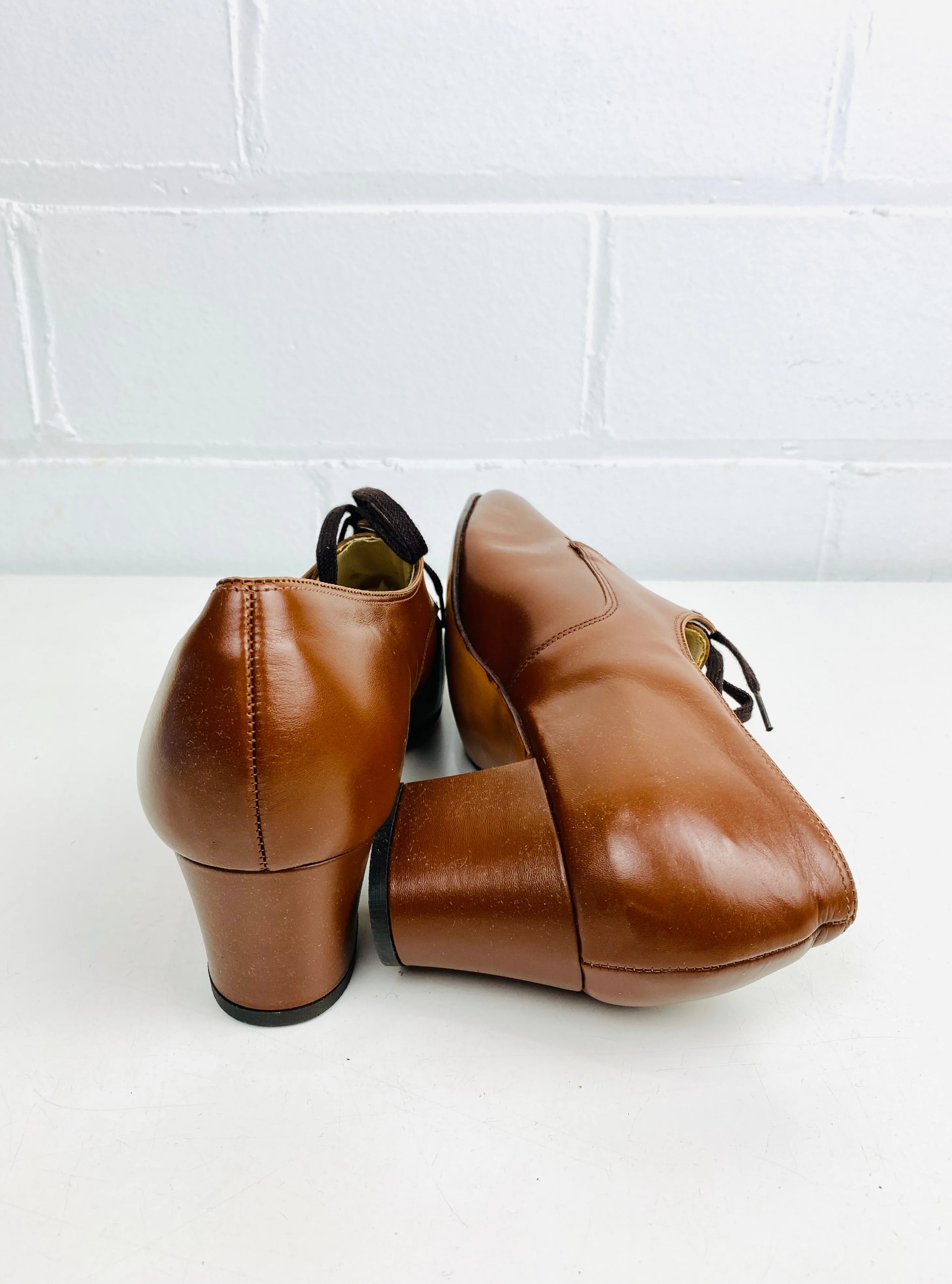 Vintage Deadstock Shoes, Women's 1980s Brown Leather Cuban Heel Oxfords, NOS, 7995