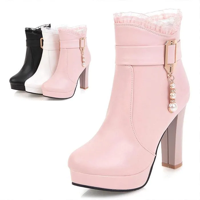 Women rhinestone buckle strap lace flower platform chunky heel boots