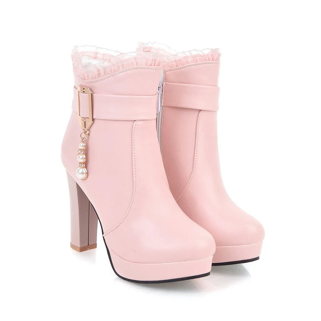 Women rhinestone buckle strap lace flower platform chunky heel boots