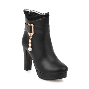 Women rhinestone buckle strap lace flower platform chunky heel boots