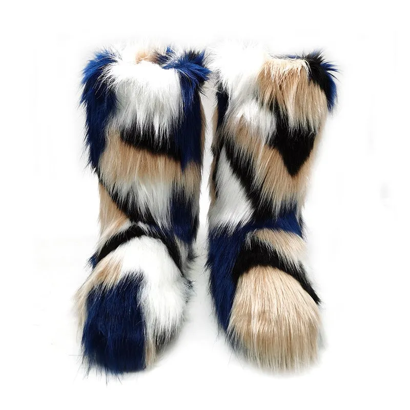 Women winter cute faux fur mid calf slip on snow boots