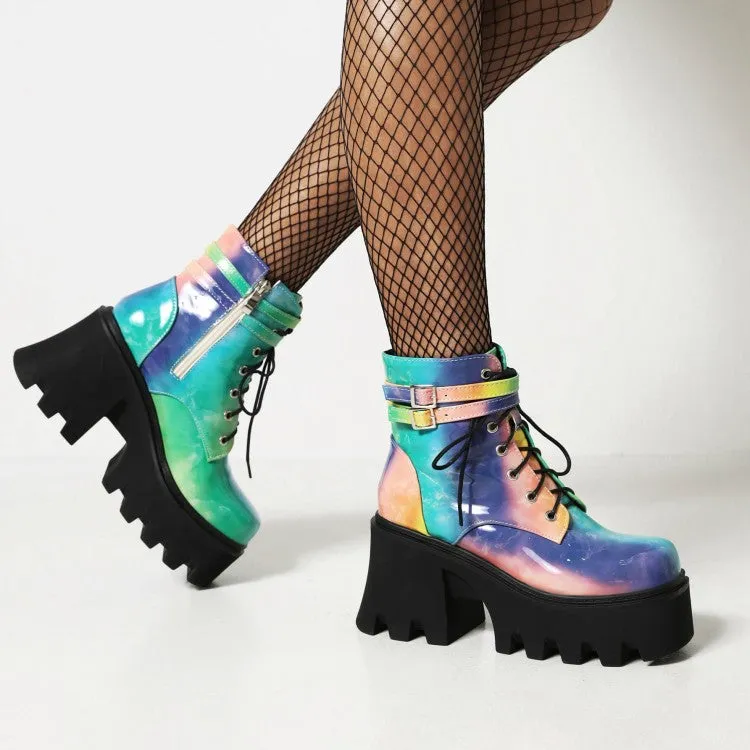 Women's Colorful Square Toe Lace Up Buckle Straps Side Zippers Block Chunky Heel Platform Short Boots