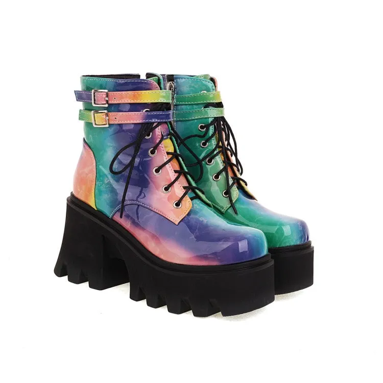 Women's Colorful Square Toe Lace Up Buckle Straps Side Zippers Block Chunky Heel Platform Short Boots