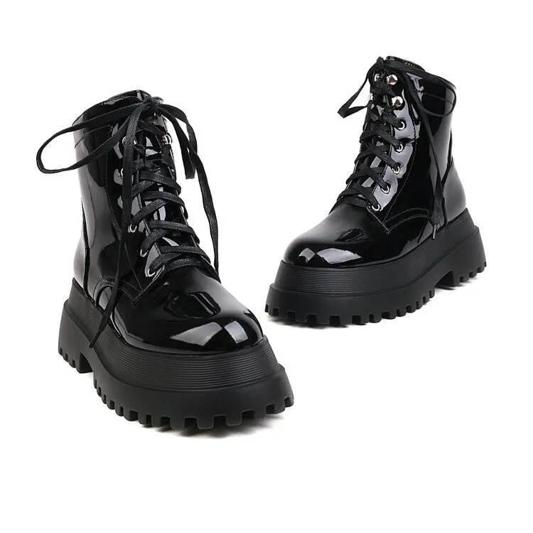 Women's Glossy Round Toe Lace Up Flat Platform Ankle Boots