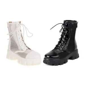 Women's Glossy Round Toe Mesh Lace-Up Block Chunky Heel Platform Short Boots