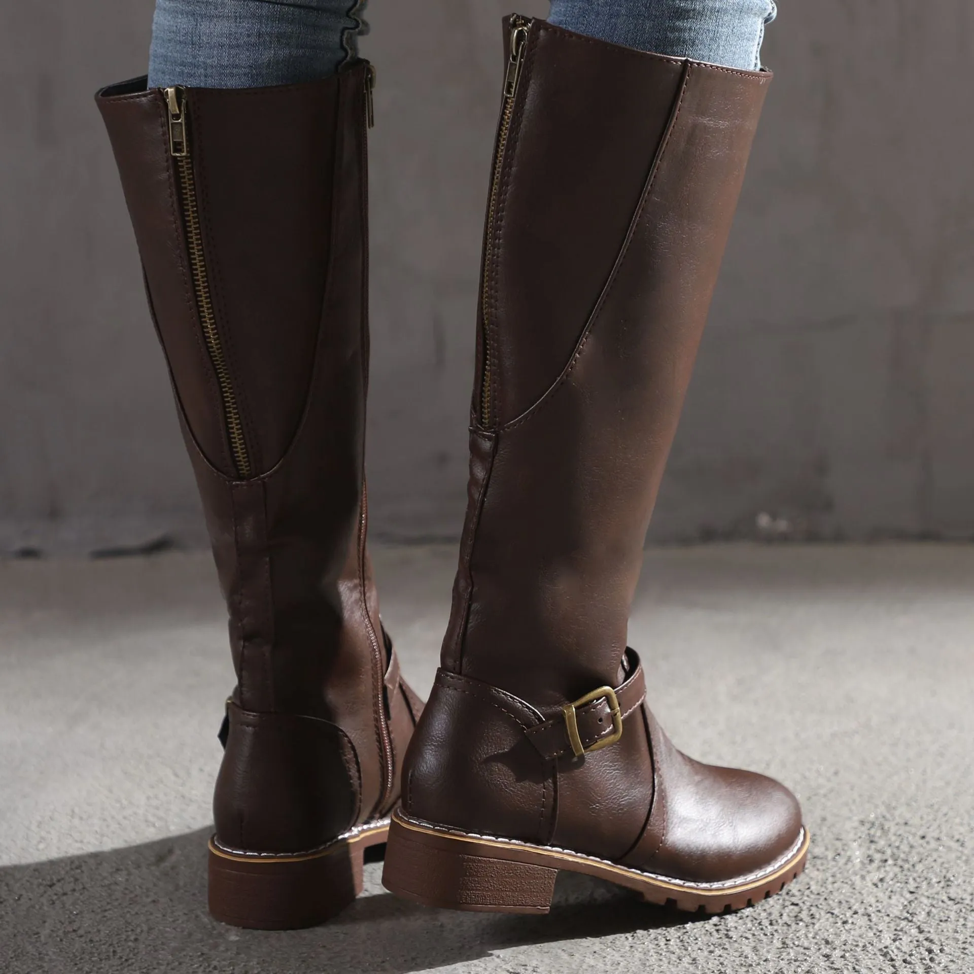 Women's knee high chunky low heel boots