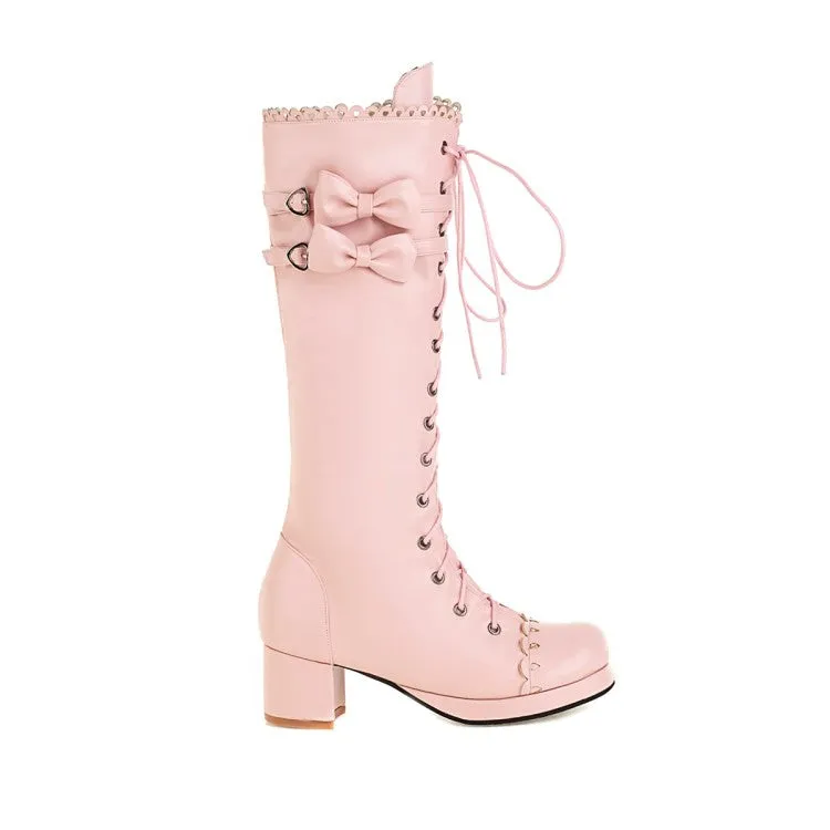 Womens' Lace Up Back Bow Heels Knee High Boots