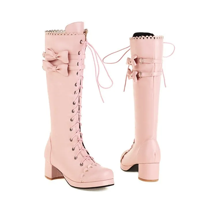 Womens' Lace Up Back Bow Heels Knee High Boots