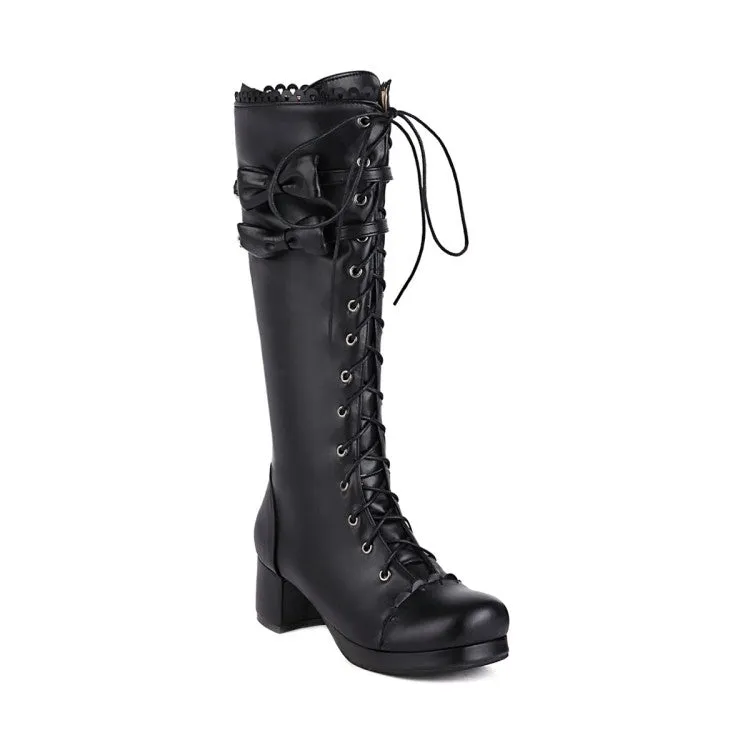 Womens' Lace Up Back Bow Heels Knee High Boots