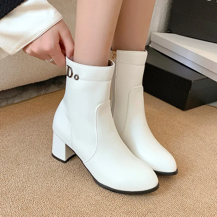 Women's Pu Leather Side Zippers Block Chunky Heel Short Boots