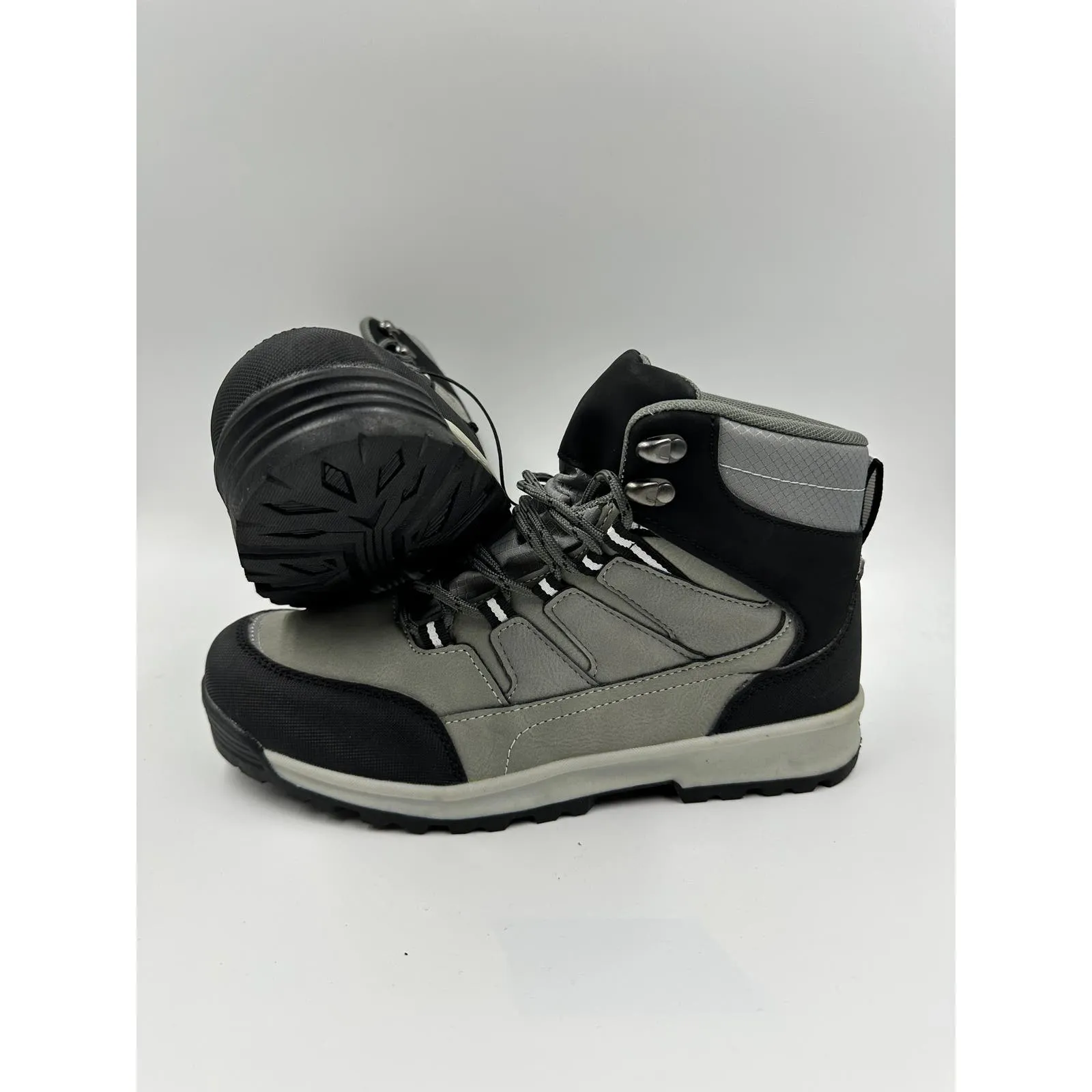 Women's Size 7.5, Gray Leather Hikers w/ Black Canvas Toe and Heel Rugged Sole