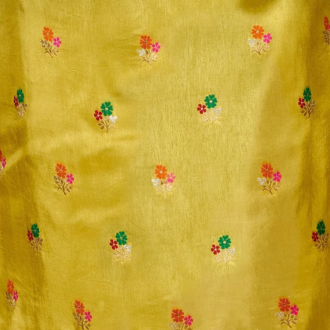 Yellow Jacquard Russian Silk Kurti Fabric with Floral Design