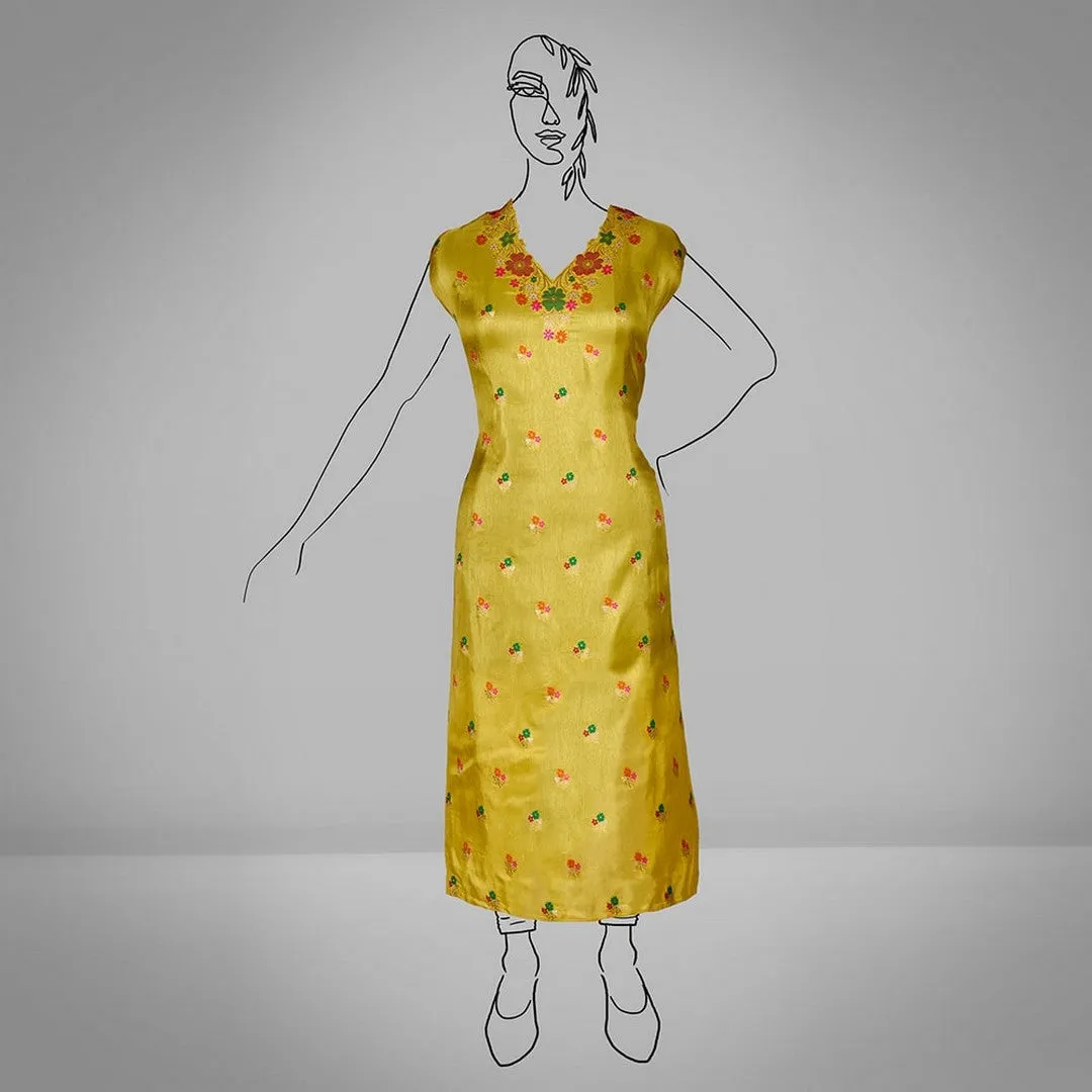 Yellow Jacquard Russian Silk Kurti Fabric with Floral Design